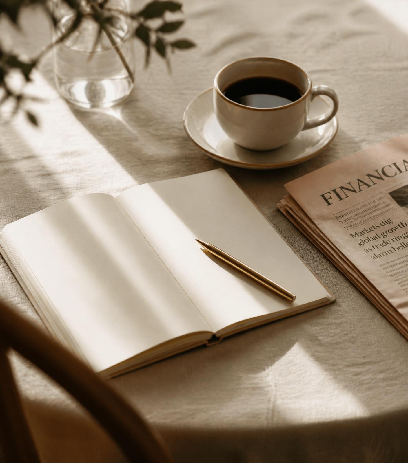 Morning light on a table with an open notebook, pen and coffee